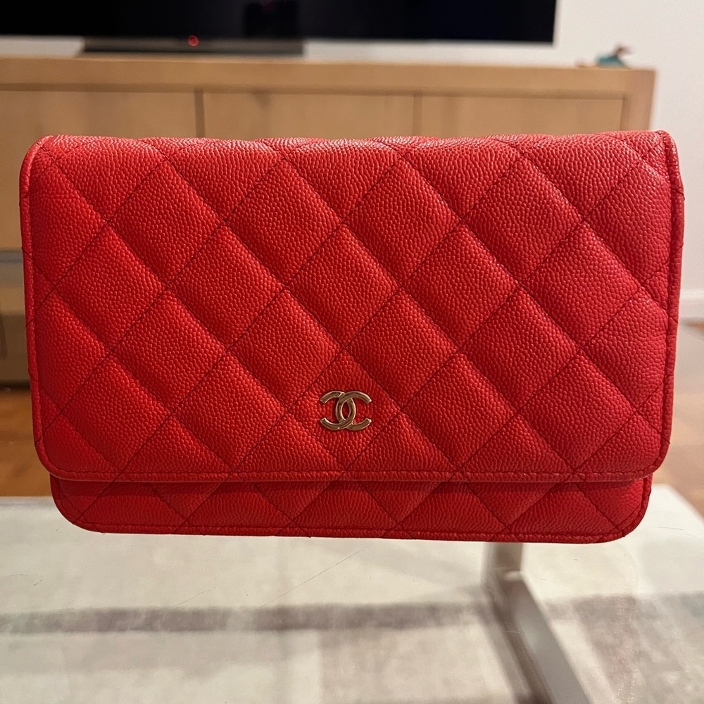 Chanel Caviar Wallet On Chain WOC Red